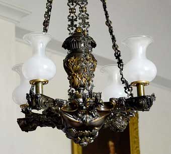 Detail of an Argand chandelier in the Hyde Hall dining room.